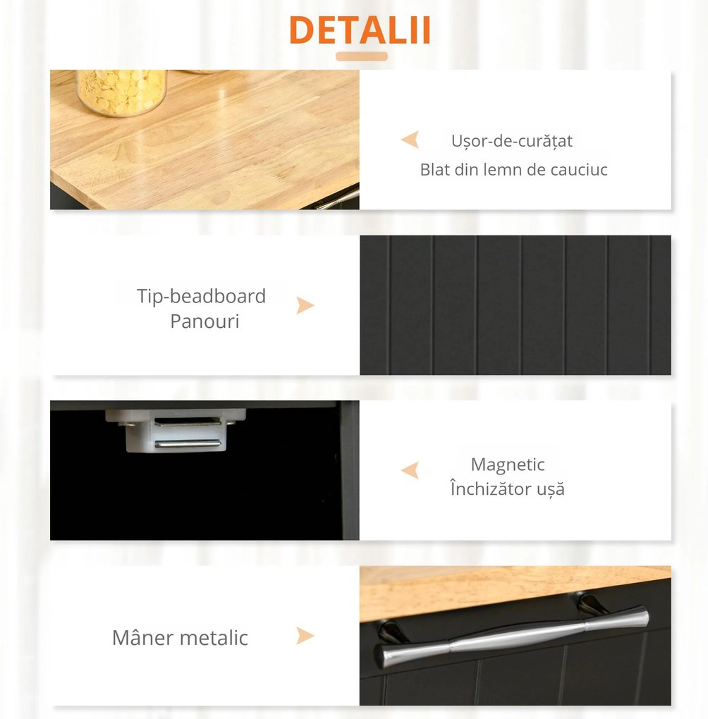 HOMCOM Cărucior Bucătărie din Lemn Multifuncțional cu 2 Sertare, Dulăpior și 4 Roți, Design Elegant, 104x46x91 cm, Negru | Aosom Romania
