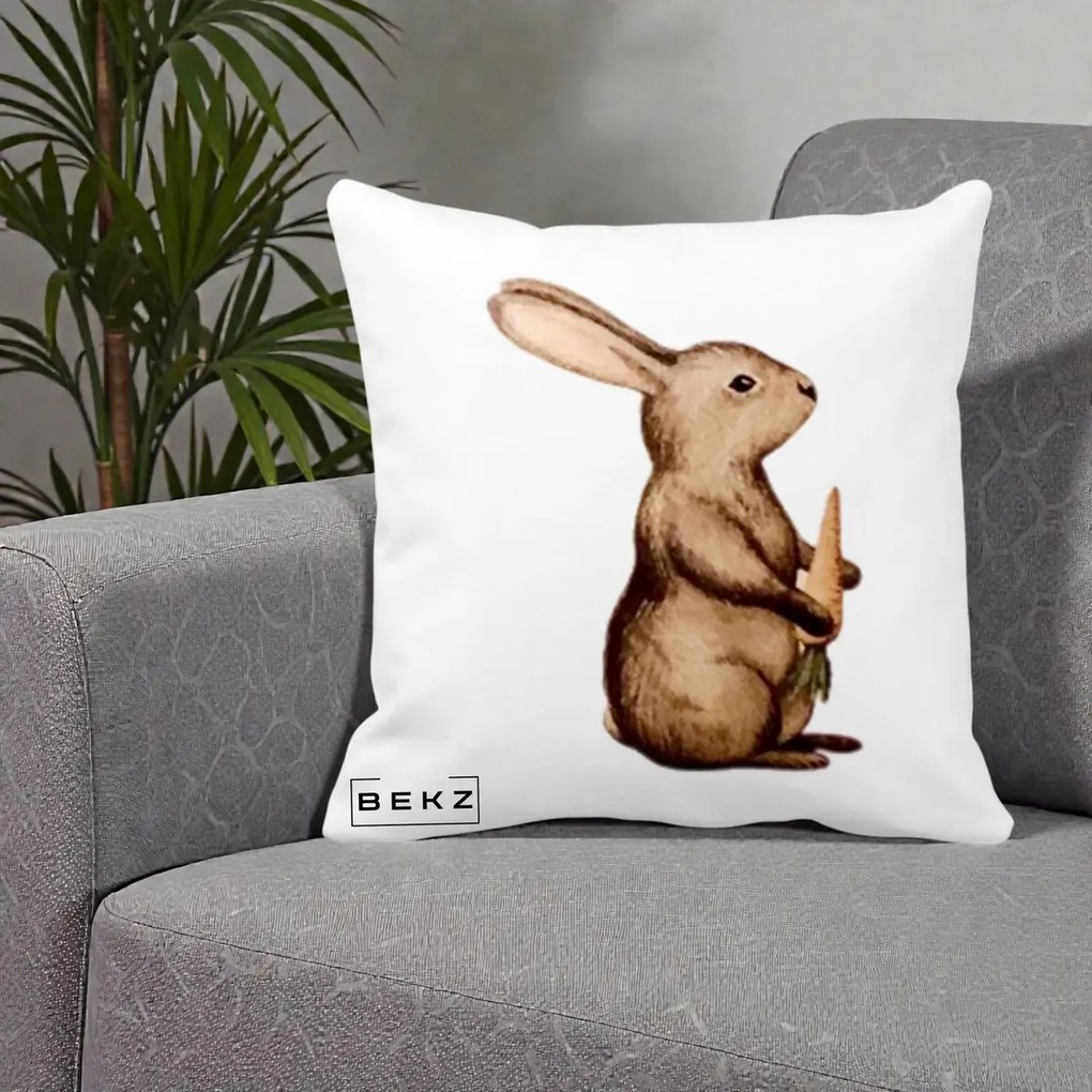 Perna Decorativa Iepuras Acuarela cu Morcov, 40x40 cm, Alba Mata, Husa Detasabila, Perna Inclusa, BEKZ®