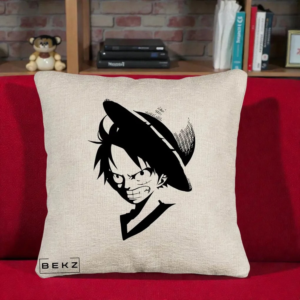 Perna Personalizata One Piece Luffy Silueta Alb-Negru, 40x40 cm, Bej Canapea, Husa Detasabila, Perna Inclusa, BEKZ®