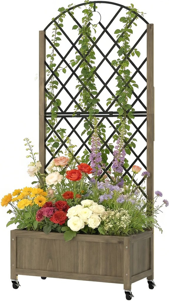 Outsunny Jardinieră din lemn cu grilaj metalic și roți pentru plante cățărătoare Macetero ridicat 72x36x168 cm Carbonizado | Aosom Romania
