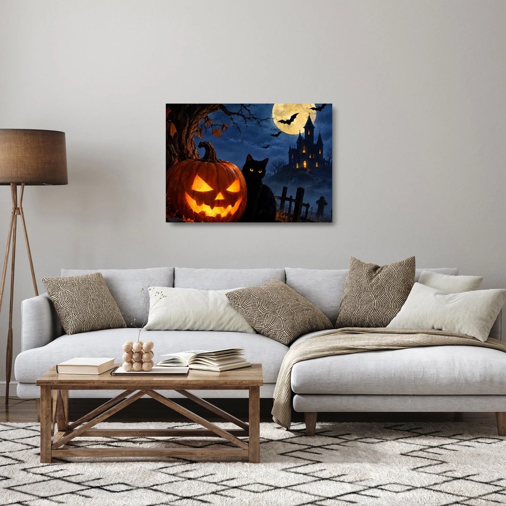 Tablou pe sticlă - Pisică neagră lângă un dovleac luminat de Halloween (70x50 cm)