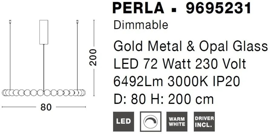 Lustra LED suspendata, dimabila, deosebita design lux PERLA opal, auriu 80cm