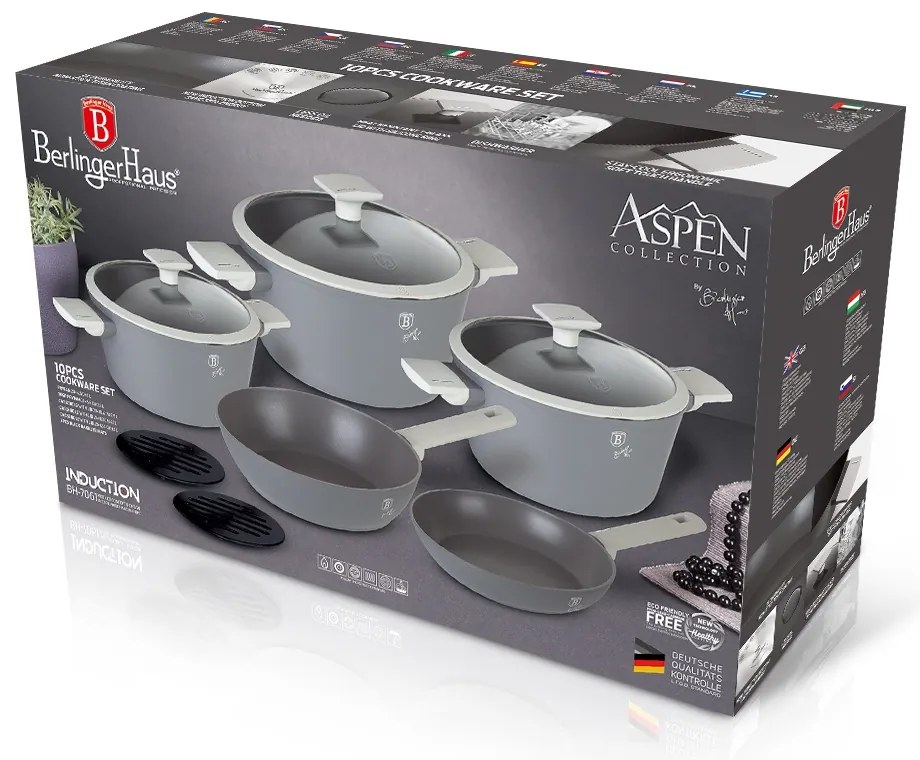 Set oale si tigai cu capace, 10 piese Aspen Berlinger Haus BH 7061, antiaderente, titan, gir, design modern, inductie