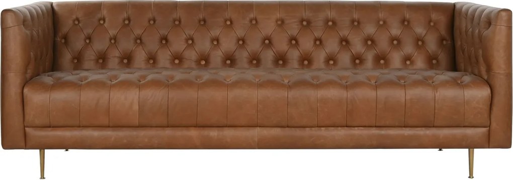 Canapea 3 locuri din piele cognac, cu spătar capitonat, picioare din metal auriu, aspect retro, 74 x 209 x 77 cm, „Odette”
