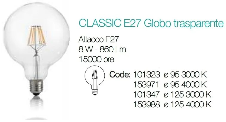 Bec LED E27 8W GLOBO D95 TRASPARENTE 3000K 101323