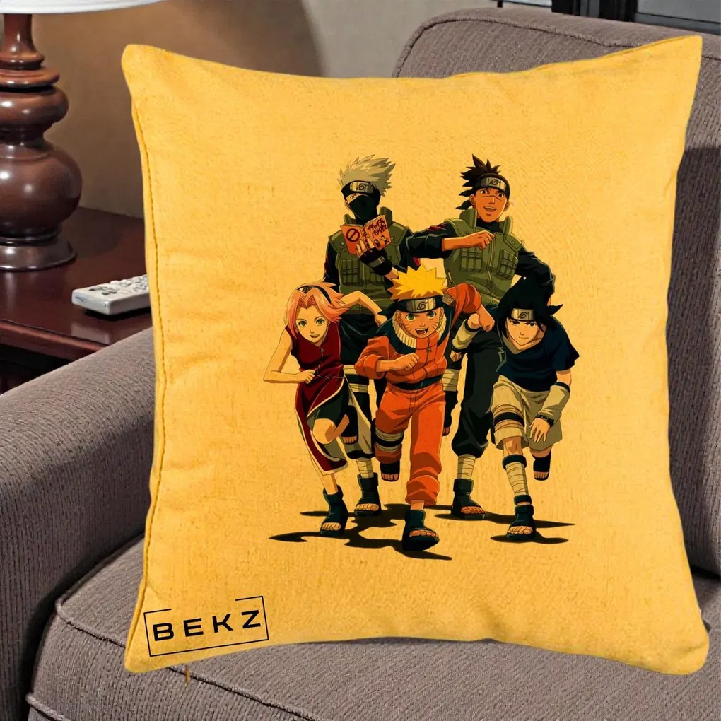 Perna Personalizata Naruto Echipa 7 Kakashi Sensei, 40x40 cm, Galben, Husa Detasabila, Perna Inclusa, BEKZ®