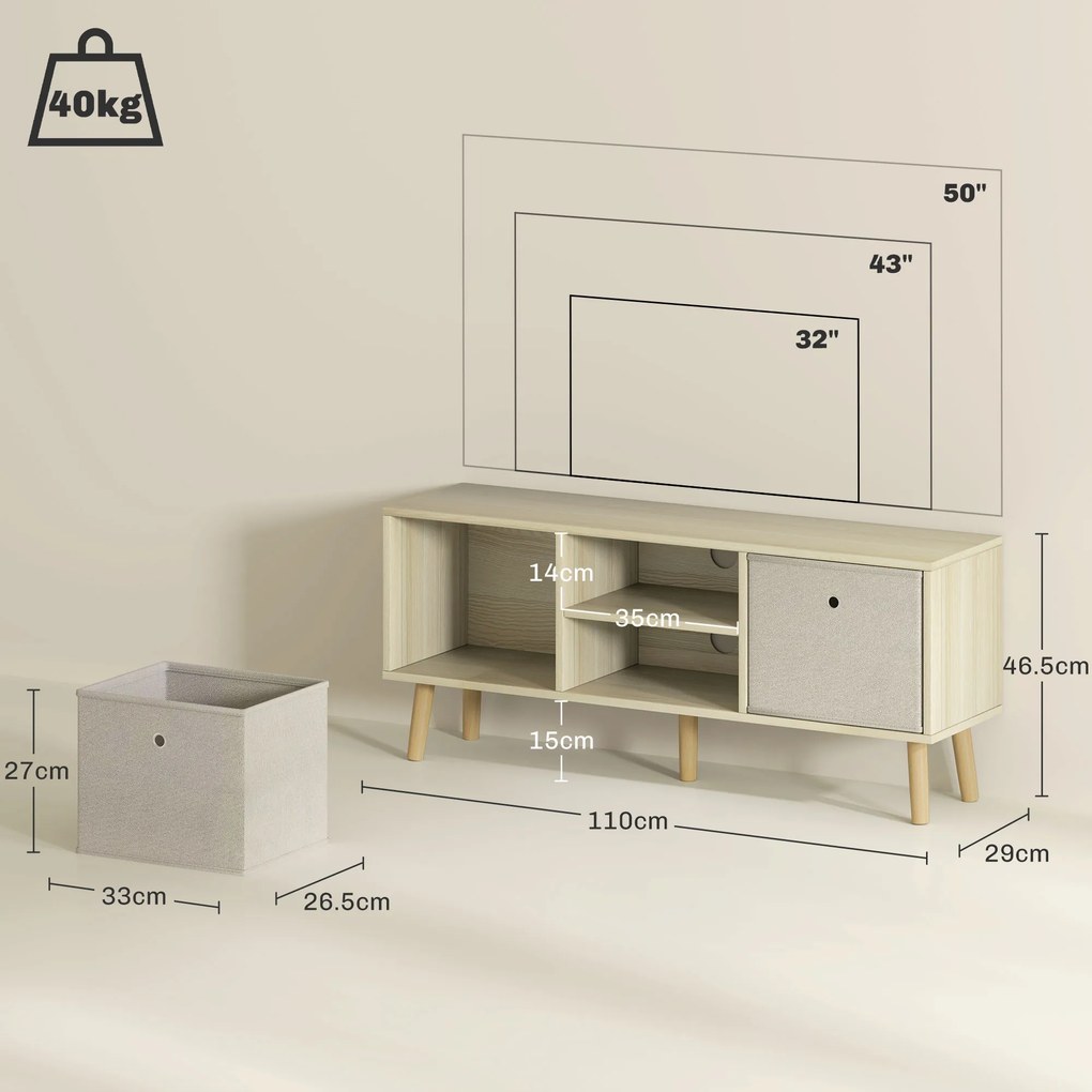 HOMCOM Comodă TV pentru TV de până la 50", cu 2 sertare detașabile și 2 rafturi deschise, 110x29x46,5 cm, aspect lemn și bej | Aosom Romania