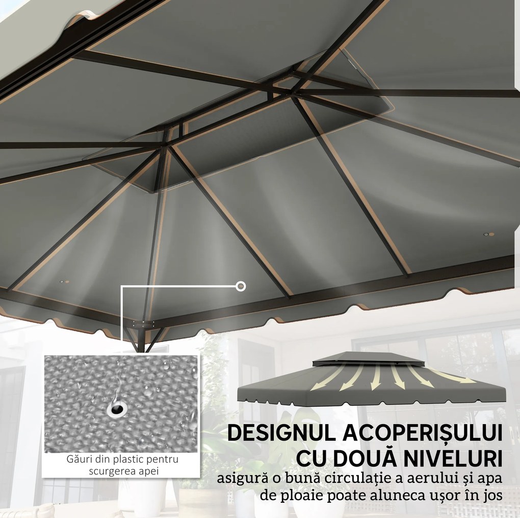 Outsunny Acoperiș de Rezervă pentru Pavilion 4x3 m cu 2 Niveluri pentru Grădină, Copertină Rezistentă la Apă din Poliester 170g/㎡ cu 8 Găuri de Drenaj, Gri Deschis | Aosom Romania