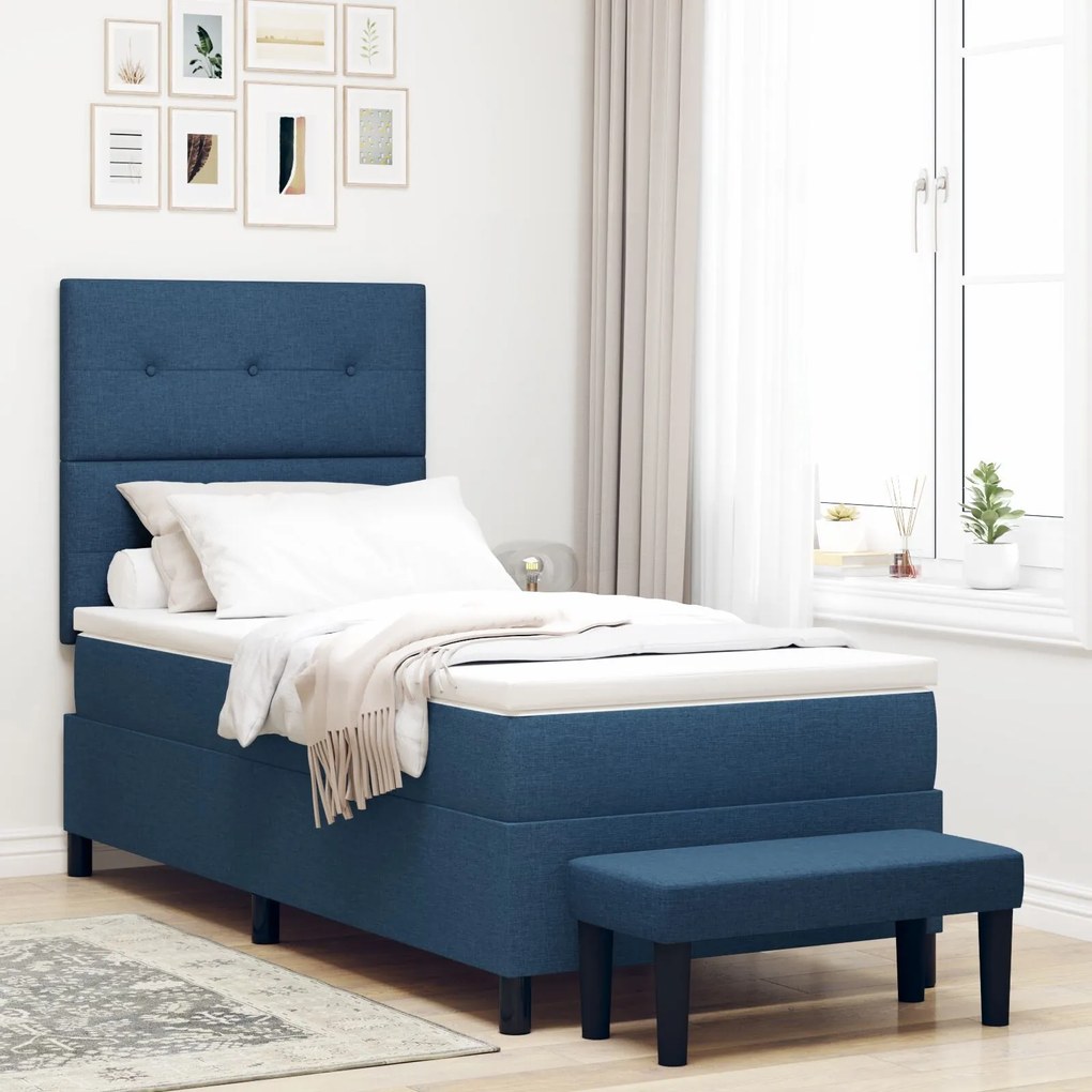 vidaXL Pat cu arcuri cu saltea și băncuță Albastru 90x200 cm Țesătură