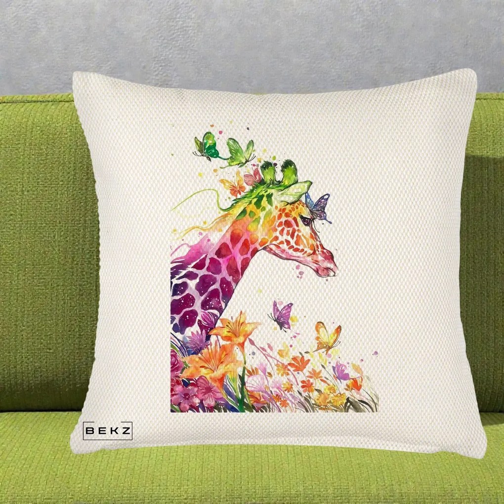 Perna Decorativa Girafa Curcubeu Acuarela, 40x40 cm, Crem Reliefat, Husa Detasabila, Perna Inclusa, BEKZ®