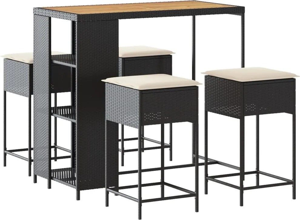 vidaXL Set mobilier bar de grădină cu perne, 5 piese, negru, poliratan