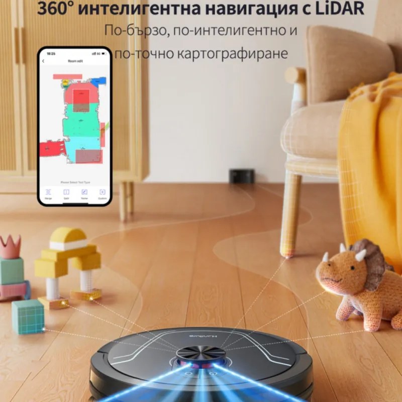 Aspirator robot Honiture V8 Pro CRV549, 5000 Pa, 290 ml, 180 min, Curatare uscata/umeda, 3 viteze, Moduri automate, Zone, Comanda vocala, Honysmart, Negru