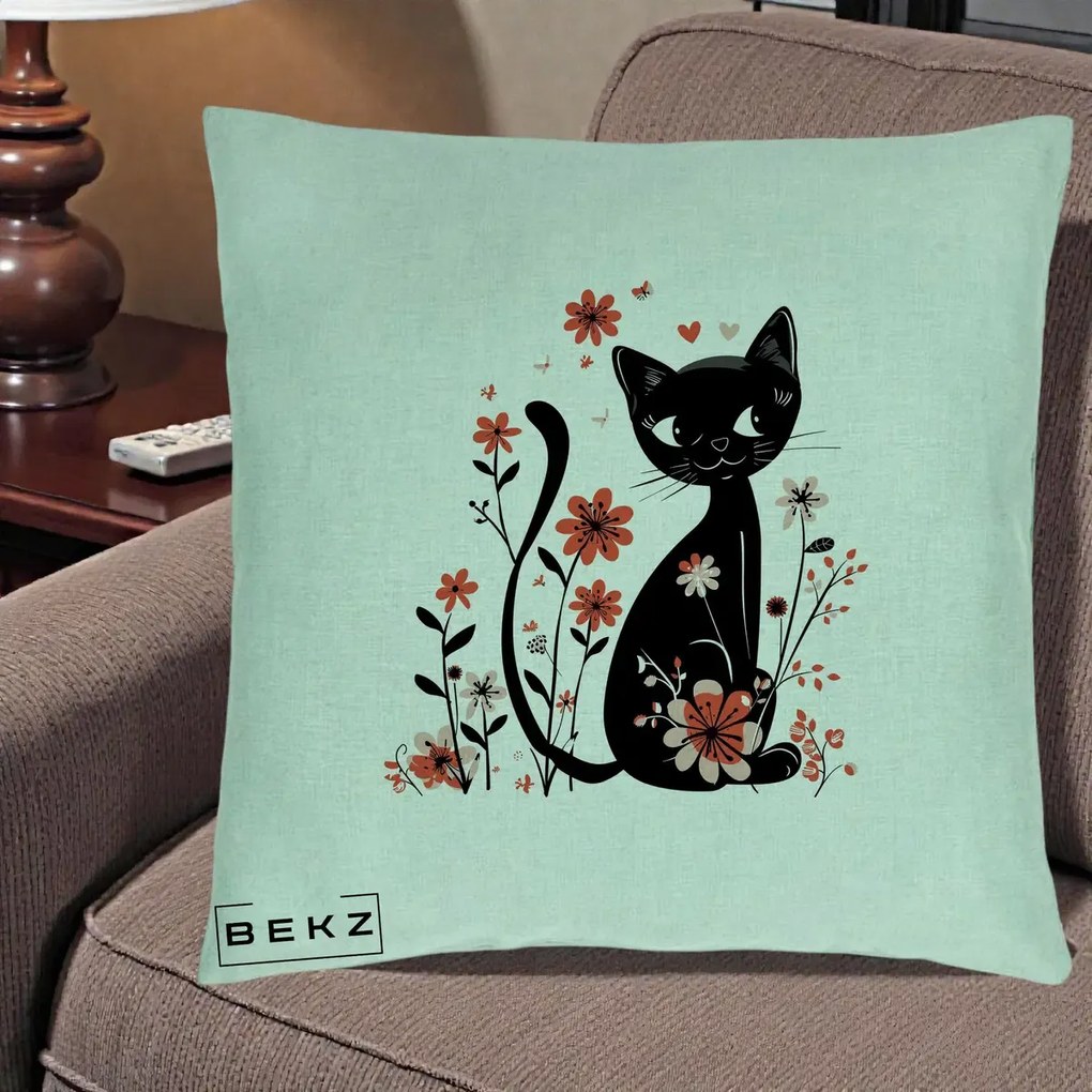 Perna Decorativa Pisica Neagra Flori Roz si Inimi, 40x40 cm, Verde Menta, Husa Detasabila, Perna Inclusa, BEKZ®