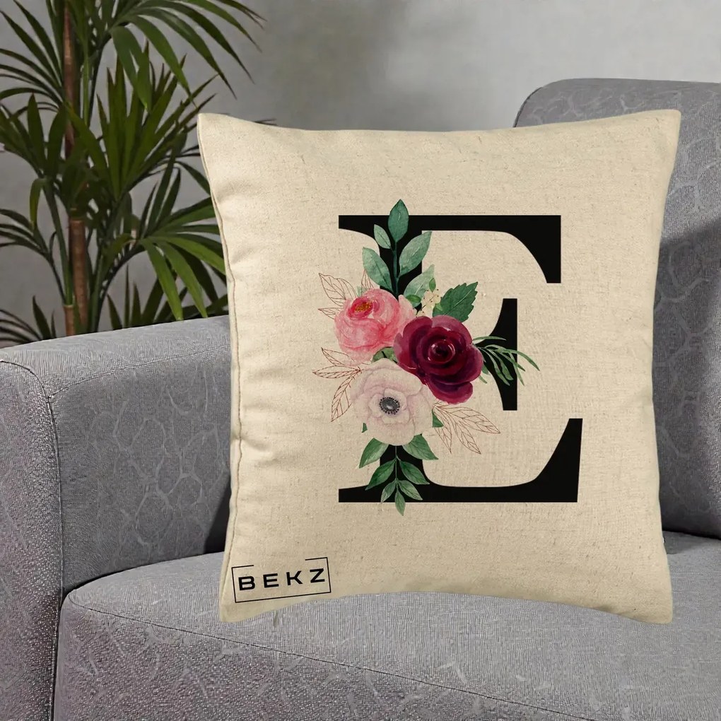 Cadou Personalizat - Perna Personalizata Monograma Florala Litera E, 40x40 cm, Bej, Husa Detasabila, Perna Inclusa, BEKZ®