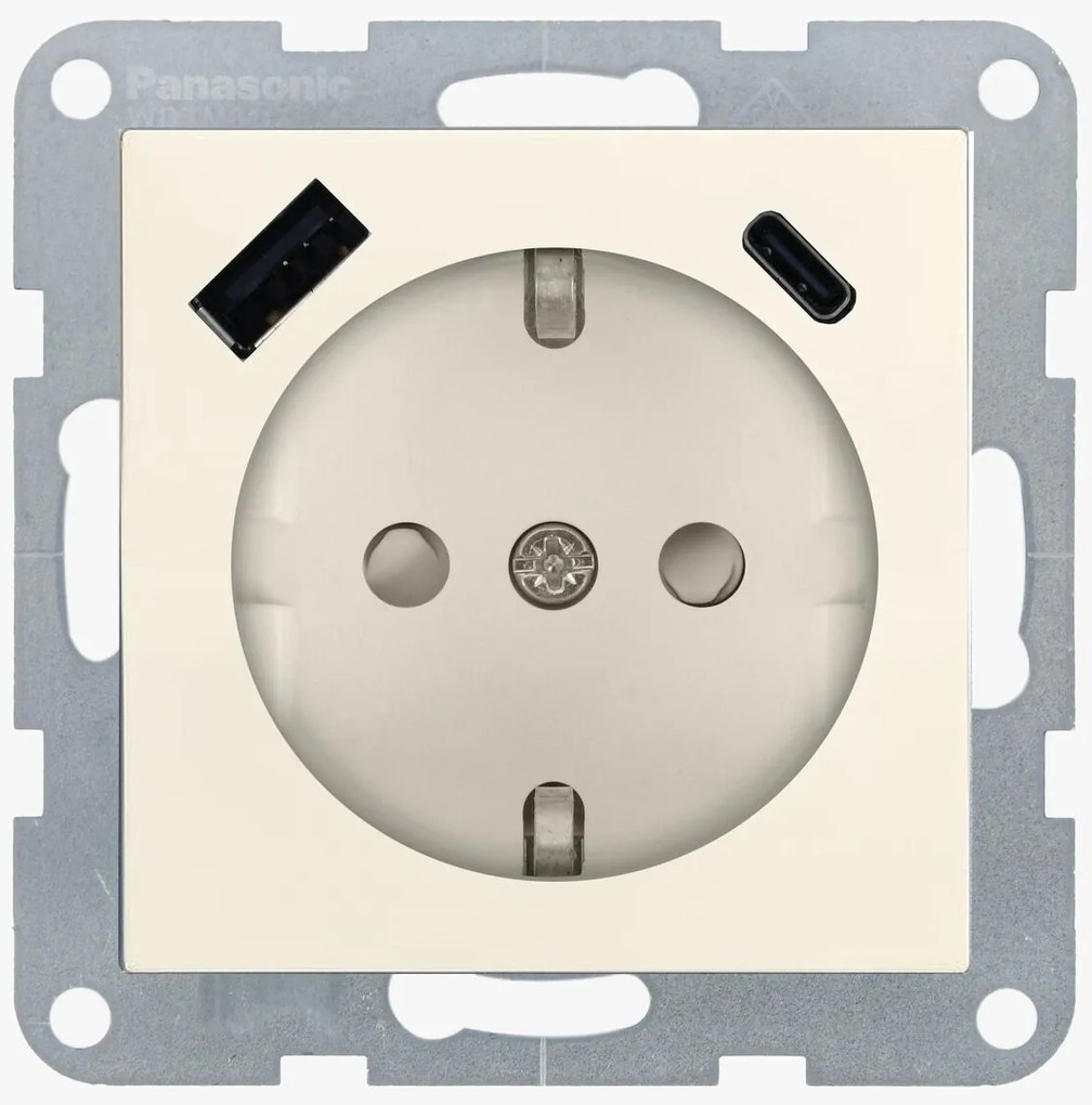 Priza simpla cu impamantare, protectie copii, USB A+C, 16A, IP20, Bej, Panasonic Karre Plus 55