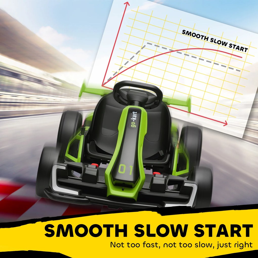 HOMCOM Go Kart Electric pentru Copii cu Scaun Reglabil, 2 Motoare, Claxon, Lumini și Muzică, 120x76x53,5 cm, Verde | Aosom Romania