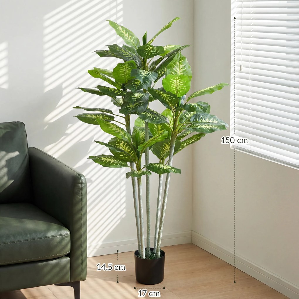 HOMCOM Plantă artificială Calathea înălțime 150 cm ghiveci din ciment 53 frunze - interior | Aosom Romania