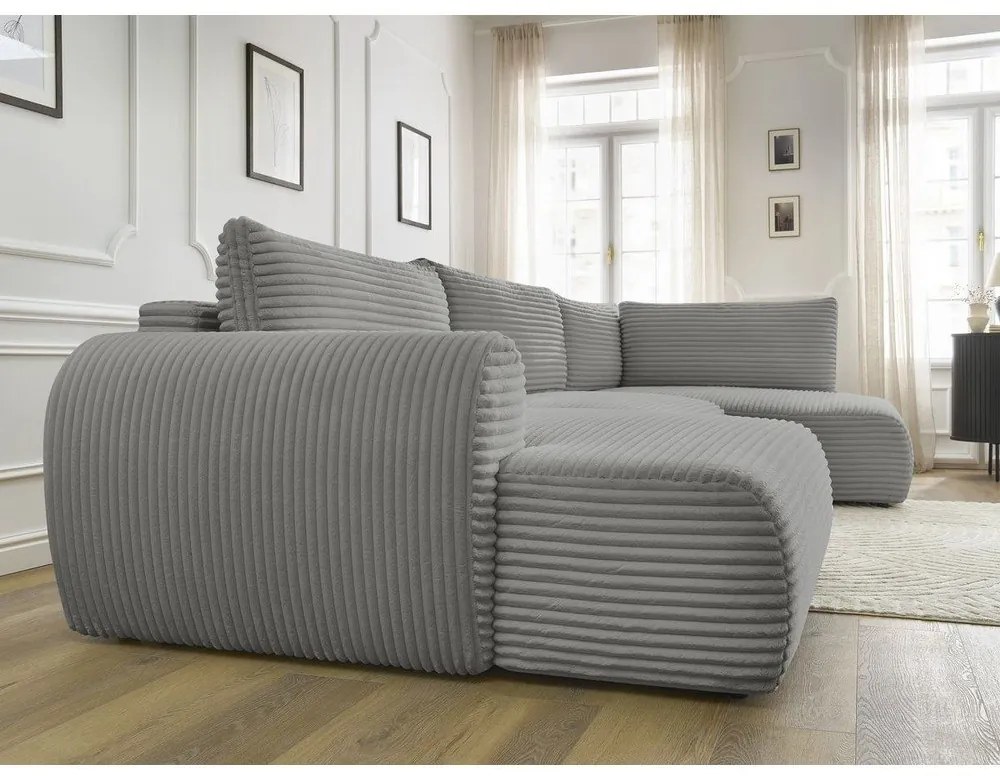 Colțar gri închis extensibil/cu spațiu de depozitare cu tapițerie din catifea reiată (cu colț pe partea dreaptă/în formă de "U") Lucien – Bobochic Paris