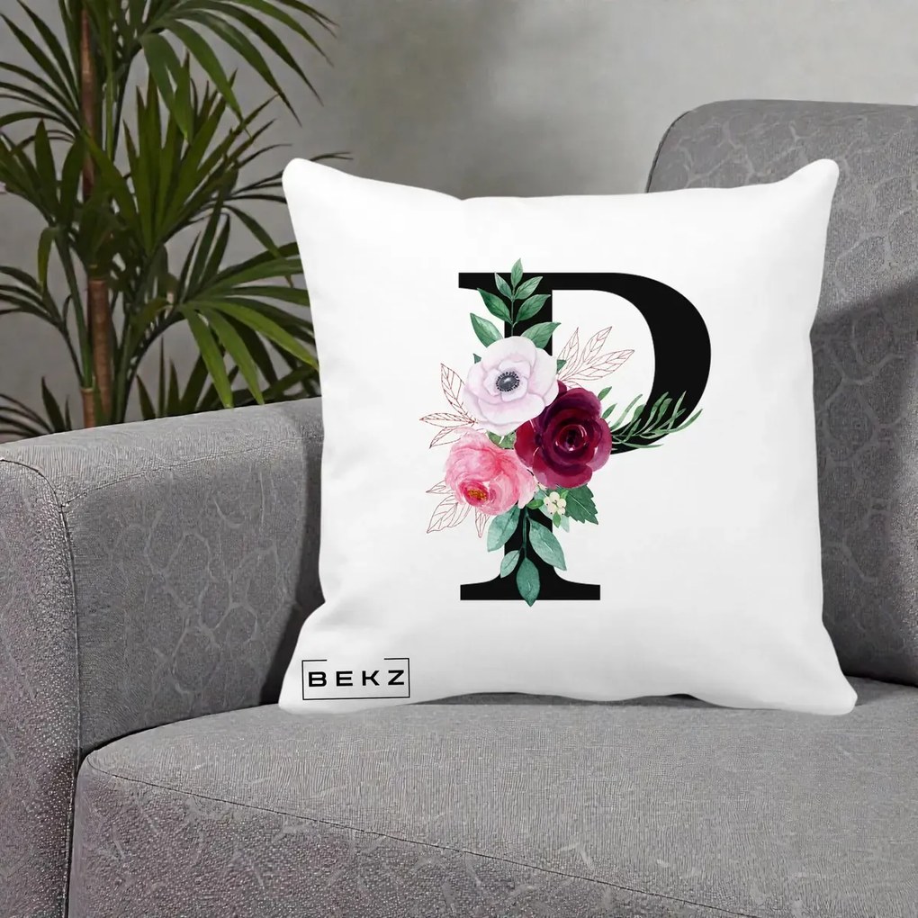 Cadou Personalizat - Perna Personalizata Monograma Florala Litera P, 40x40 cm, Alba Mata, Husa Detasabila, Perna Inclusa, BEKZ®