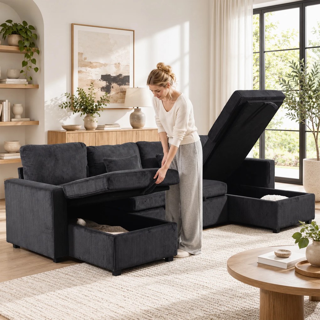HOMCOM Canapea Extensibilă de Colț 282 cm, cu 2 Șezlonguri cu Depozitare, Gri Închis | Aosom Romania