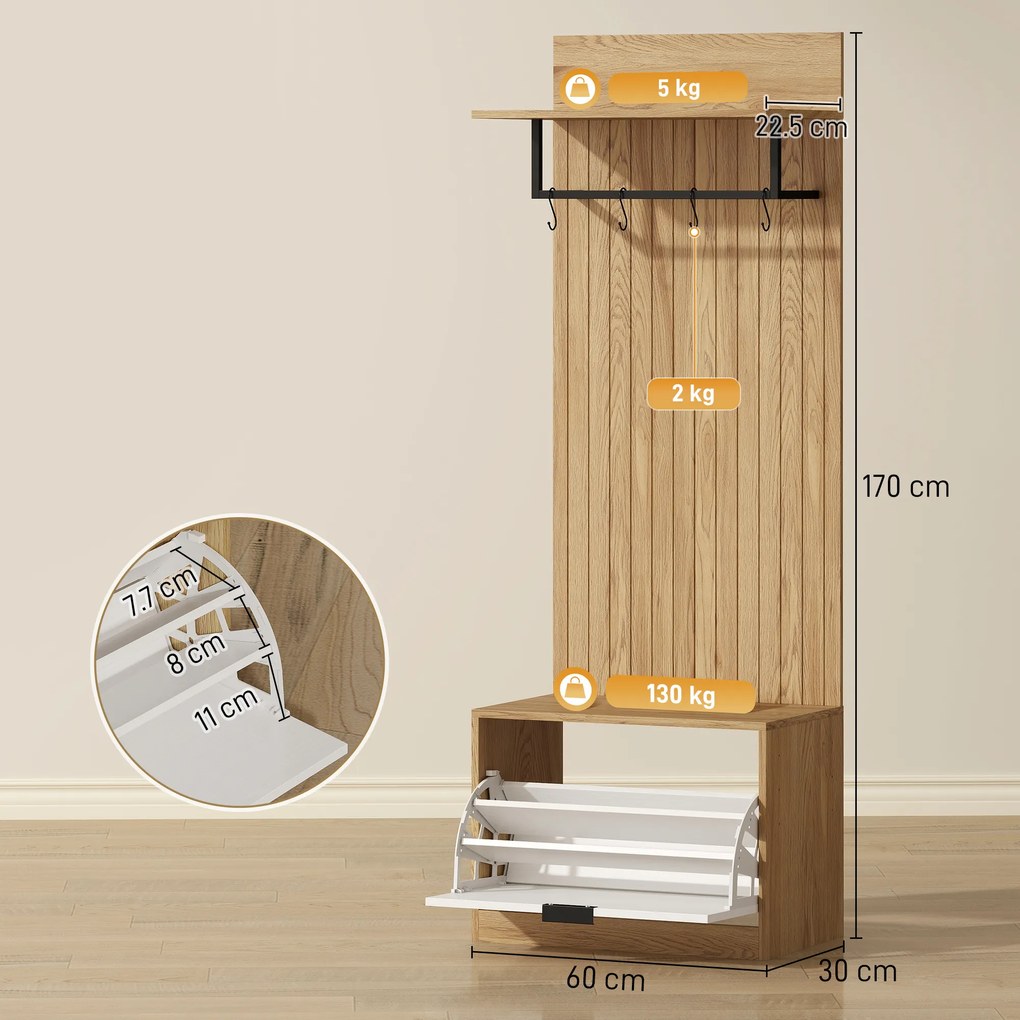 HOMCOM Cuier de Hol cu Pantofar Rabatabil, Cuier cu Bancă, 4 Cârlige și Rafturi pentru Pantofi, Organizator Modern pentru Hol și Coridor, Stejar și Alb | Aosom Romania