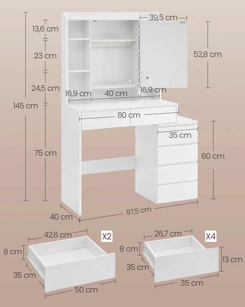 SEA95 - Set Masa toaleta, 97 / 117 cm, cosmetica, masuta machiaj, oglinda cu LED, cu sau fara scaun - Alb