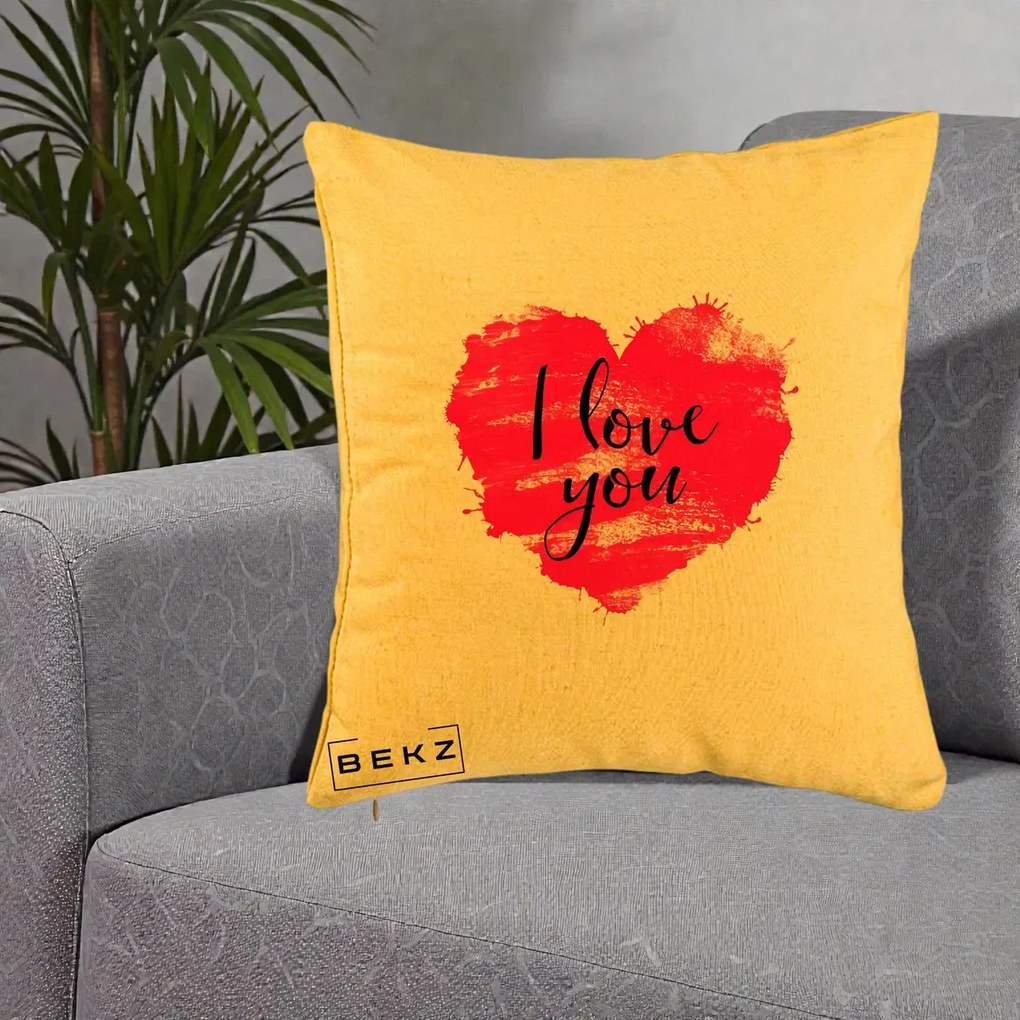 Cadou Romantic - Perna Personalizata I Love You Inima Roz, 40x40 cm, Galben, Husa Detasabila, Perna Inclusa, BEKZ®