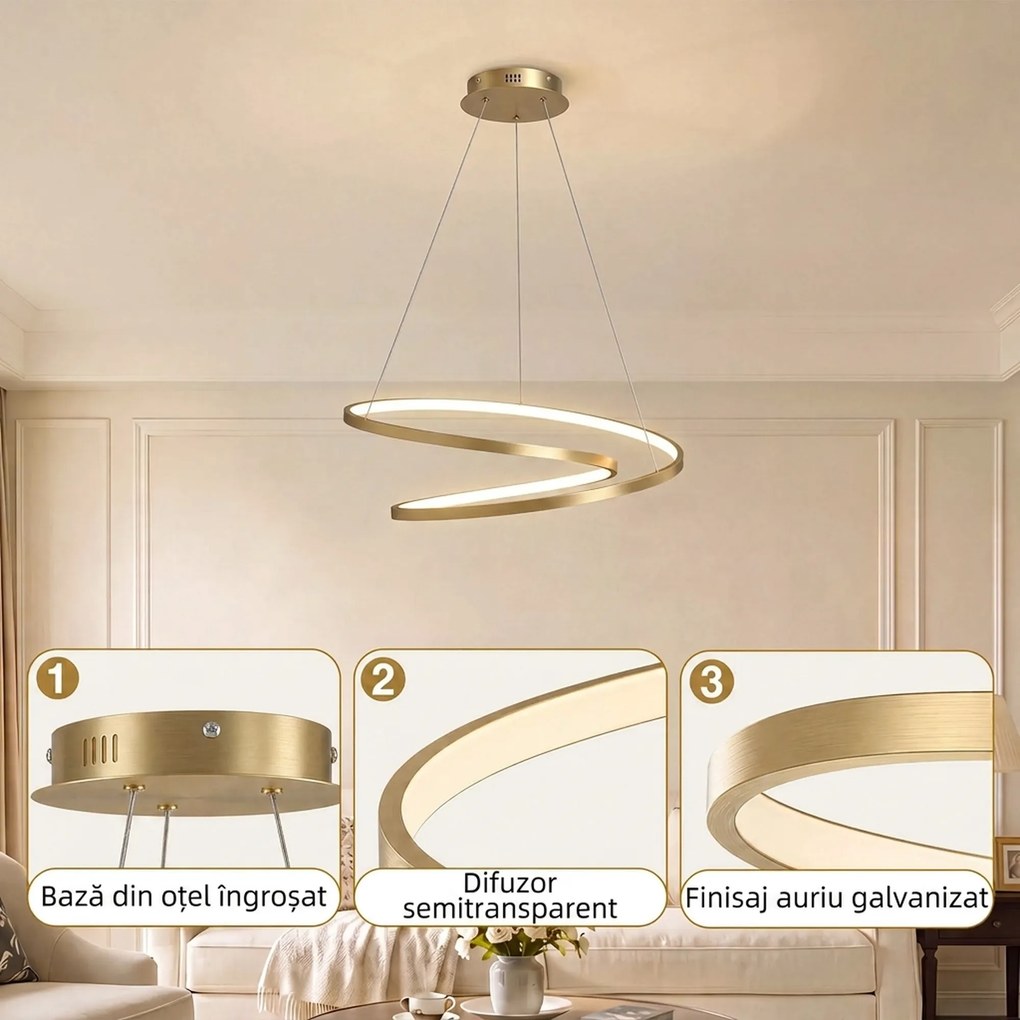 HOMCOM Lampă suspendată LED 38W cu 2 inele și 3 temperaturi de culoare, 3000-6500K, înălțime reglabilă, auriu | Aosom Romania