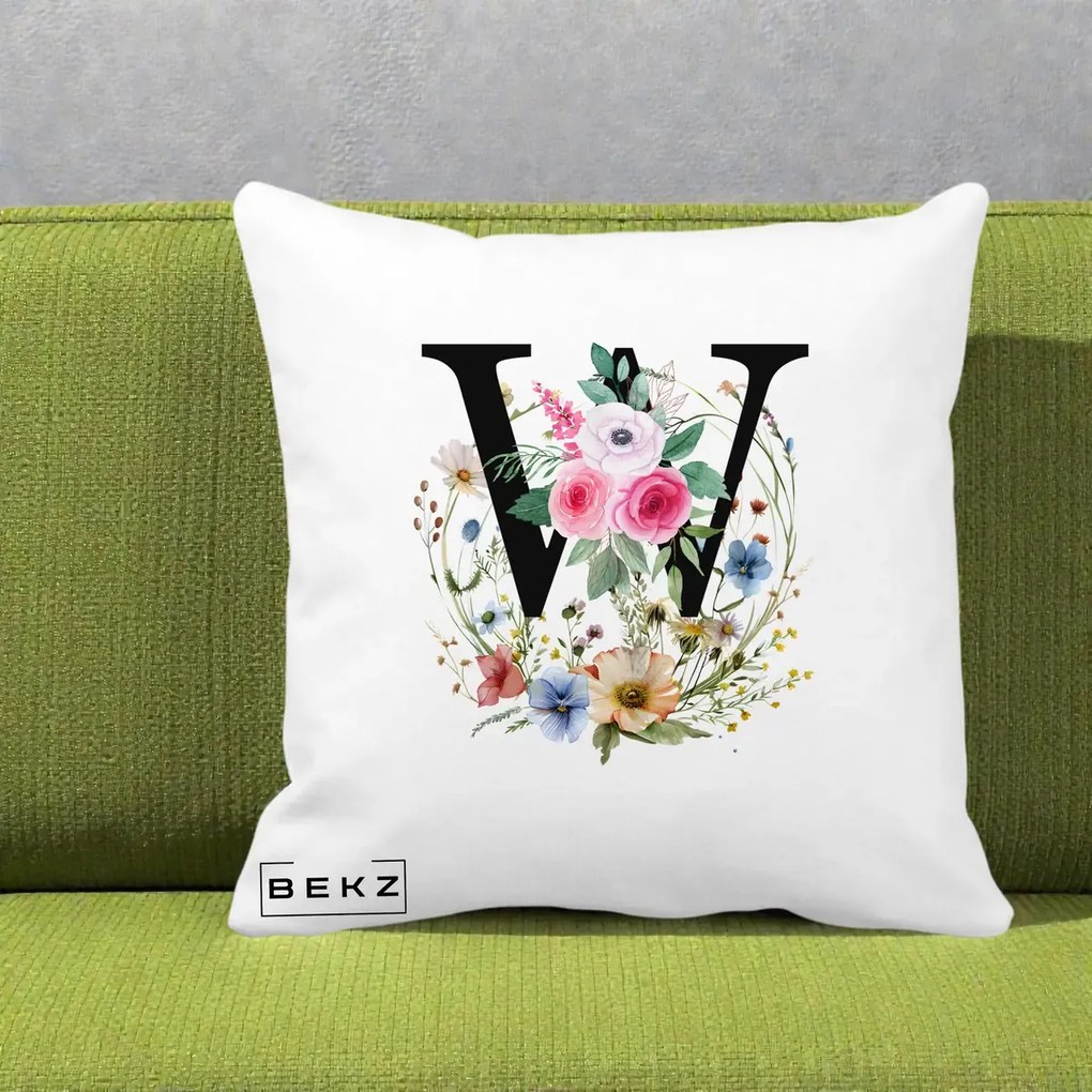 Cadou Personalizat - Perna Personalizata Monograma Florala Litera W, 40x40 cm, Alba Mata, Husa Detasabila, Perna Inclusa, BEKZ®