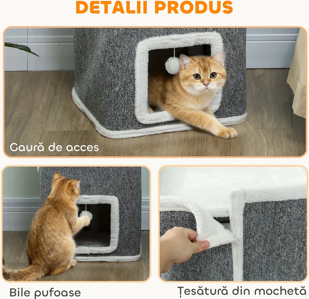 PawHut Ansamblu de joacă pentru Pisici cu 4 Nivele, 3 Bile de Jucărie din PAL, Textil și Pluș, 41x41x100 cm, Gri și Alb | Aosom Romania