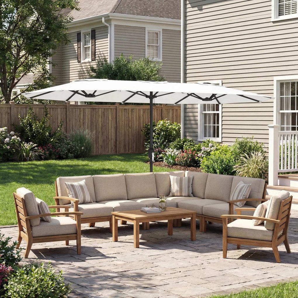 Outsunny Umbrelă Dublă de Grădină 4.6x2.7 m, Umbrelă de Exterior cu Manivelă, Husă Protectoare, 12 Spițe, Anti UV 50+, pentru Terasă Balcon Piscină Grădină, Alb | Aosom Romania