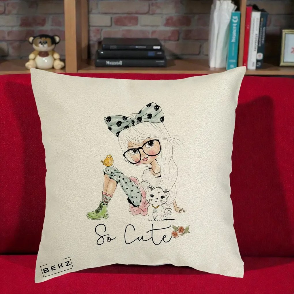 Perna Decorativa So Cute Fata Fashion, 40x40 cm, Ecru, Husa Detasabila, Perna Inclusa, BEKZ®