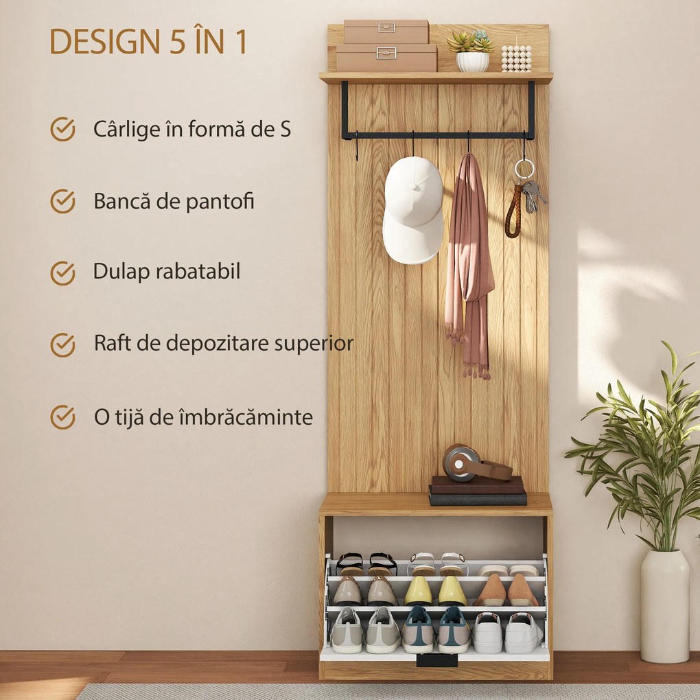 HOMCOM Cuier de Hol cu Pantofar Rabatabil, Cuier cu Bancă, 4 Cârlige și Rafturi pentru Pantofi, Organizator Modern pentru Hol și Coridor, Stejar și Alb | Aosom Romania