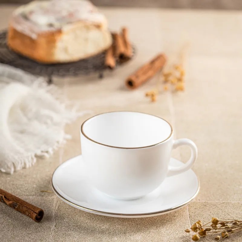 Set cesti si farfurioare pentru ceai Klausberg KH 1929, 12 piese, 210 ml, Opal, Alb/Auriu