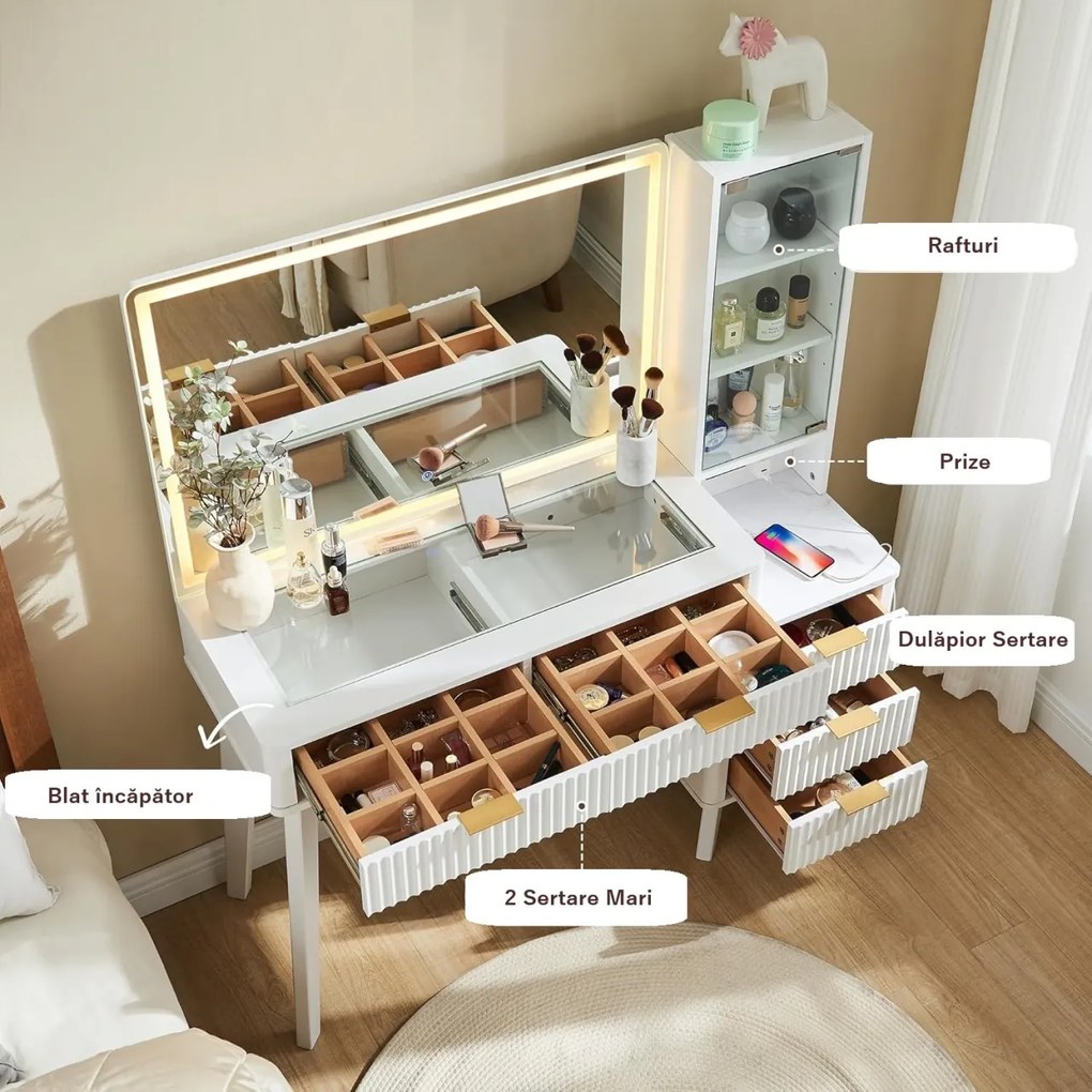 Masuta machiaj cu Oglinda LED si 5 Sertare pentru Cosmetice, Set Masa toaleta 122 cm, Alb, Antracit sau Culoarea Stejar, masuta cosmetica cu Riflaj,