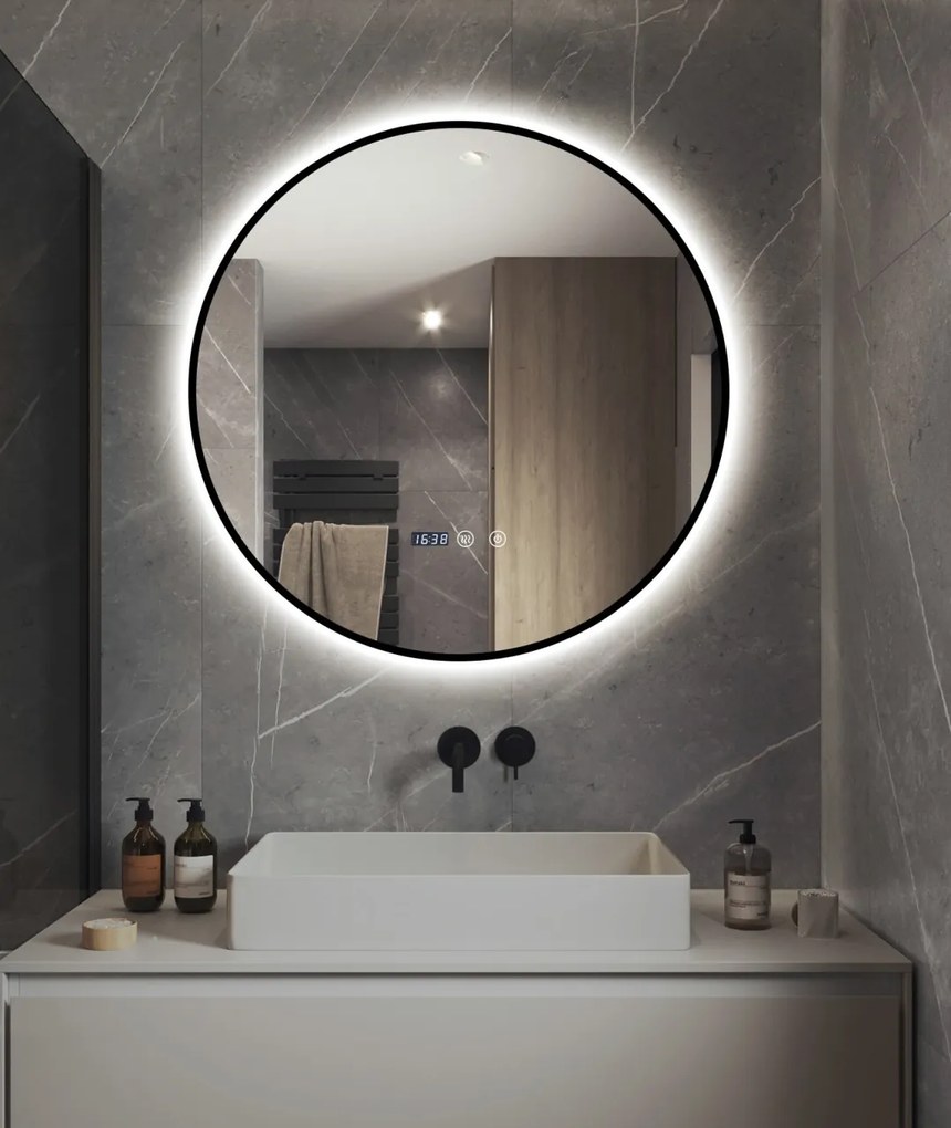 Oglindă LED Touch Premium, Dezaburire, Rama Negra, 3 Tipuri Lumină 60 cm