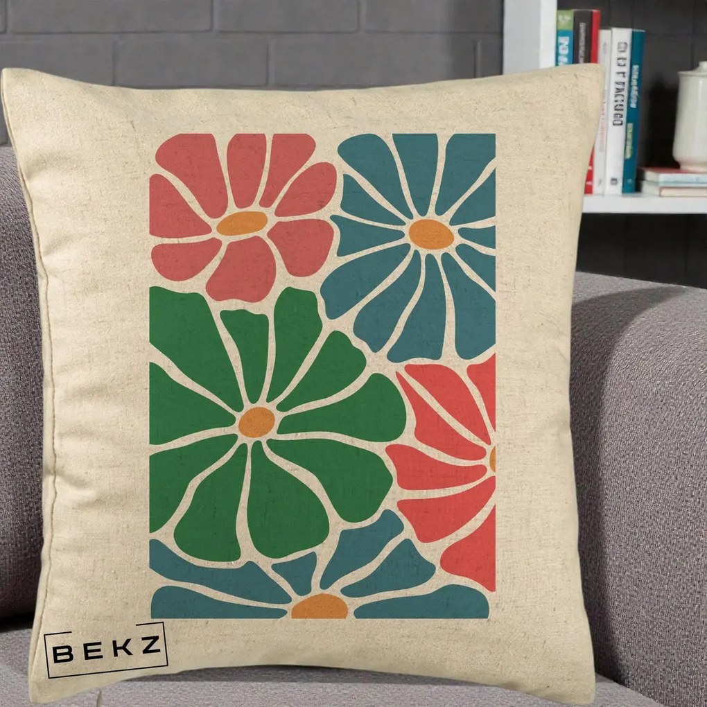 Perna Decorativa Flori Grafice Verde-Roz-Albastru, 40x40 cm, Bej, Husa Detasabila, Perna Inclusa, BEKZ®