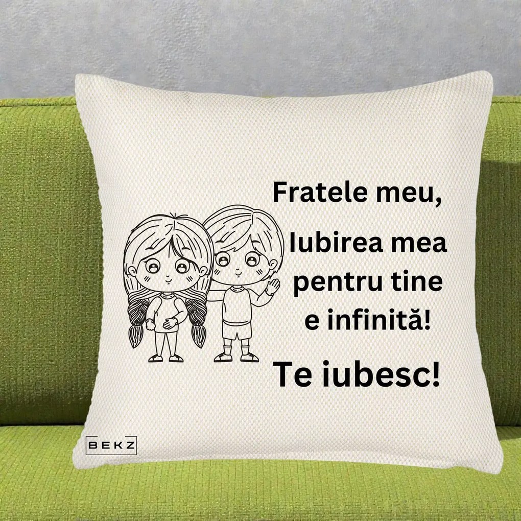 Cadou pentru Frate - Perna Personalizata Fratele Meu Te Iubesc Copii Anime Line Art Negru, 40x40 cm, Crem Reliefat, Husa Detasabila, Perna Inclusa, BEKZ®