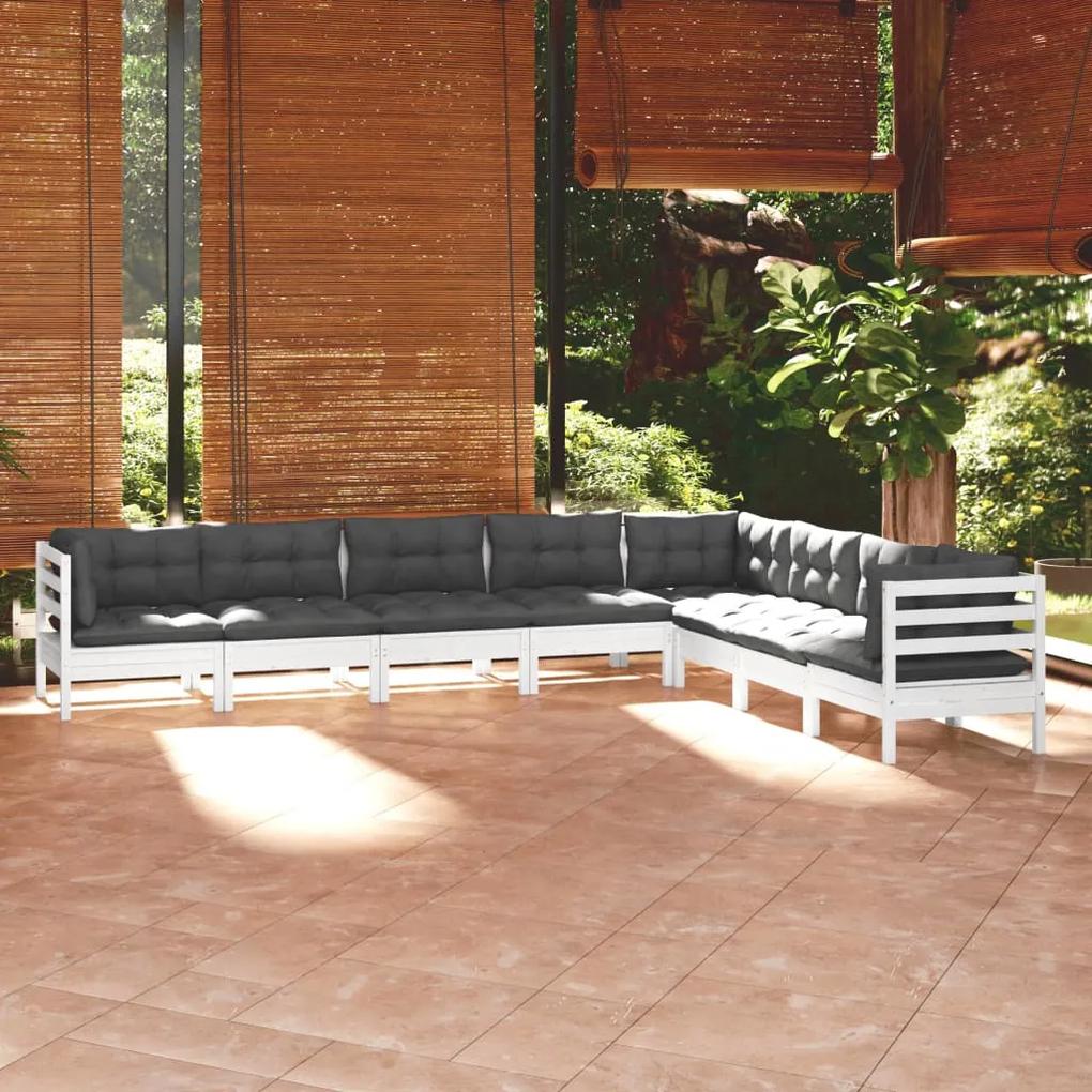 3096804 vidaXL Set mobilier de grădină cu perne, 8 piese, alb, lemn masiv pin