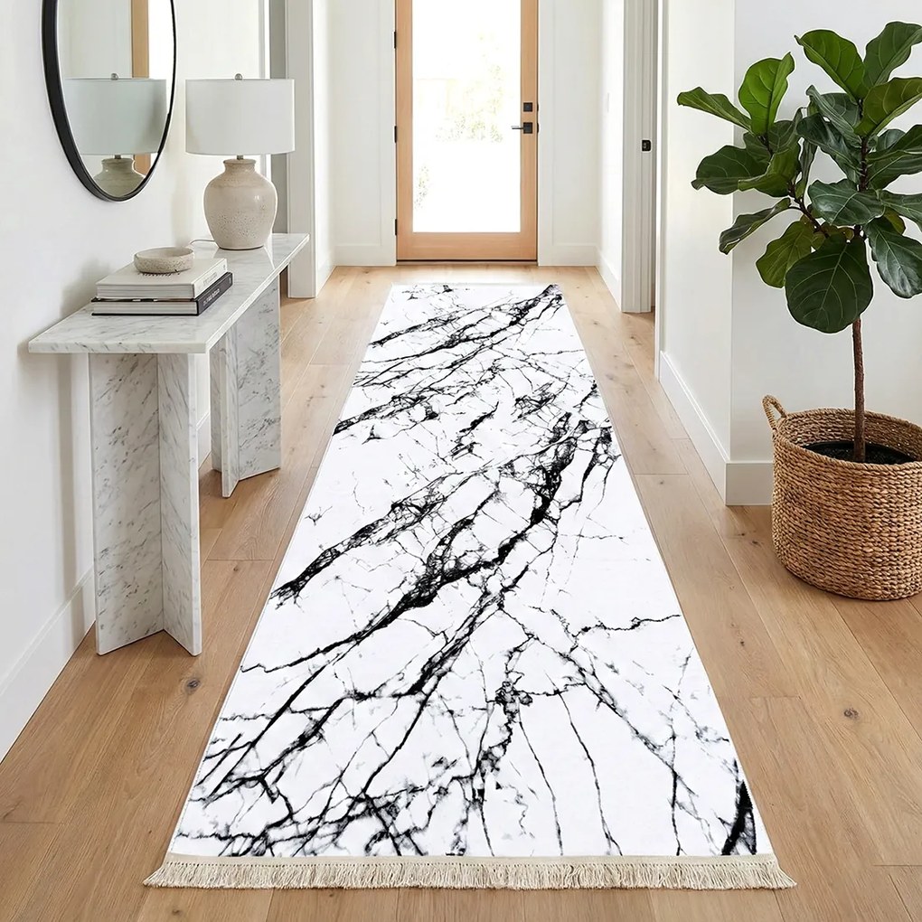 Traversa hol antiderapanta, 80x300 cm, alb cu negru, model marmura