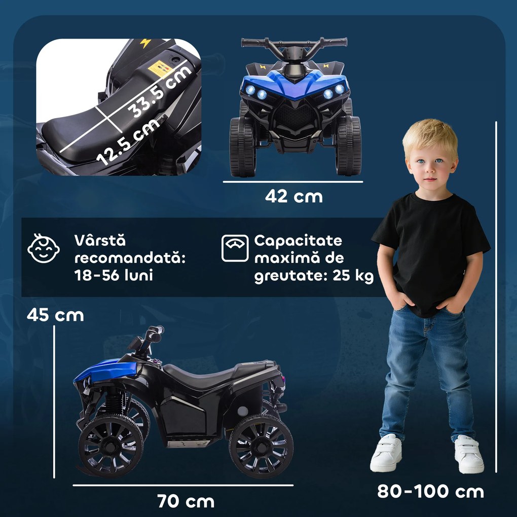 AIYAPLAY ATV pentru Copii 6V, Mașinuță Electrică cu 4 Roți cu Muzică și Faruri LED, pentru Vârstele 3-8 Ani Băieți și Fete, Albastru | Aosom Romania