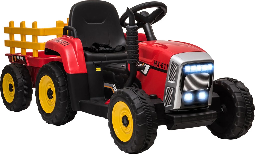 HOMCOM Tractor Electric pentru Copii cu Remorcă Detașabilă, Telecomandă și Lumini, pentru Copii 3-6 Ani, 136,5x50x52,5 cm, Roșu | Aosom Romania
