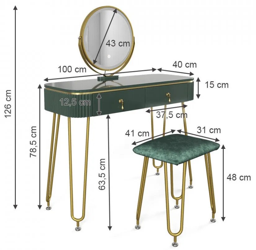 SEV203 - Set Masa toaleta, 100 cm, cosmetica machiaj, oglinda cu LED, scaunel taburet tapitat - Verde Inchis Lucios-Auriu