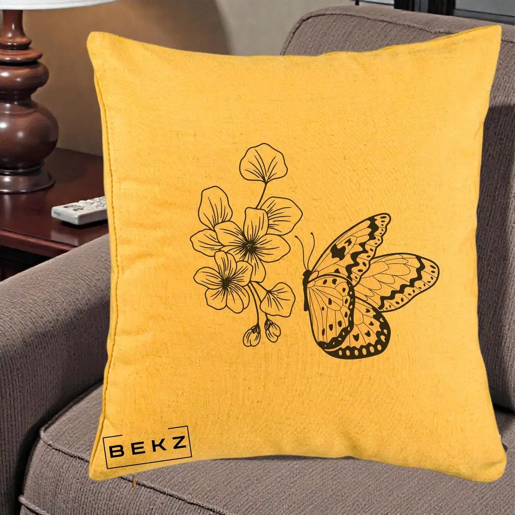 Perna Decorativa Fluture si Flori Linie Monocroma, 40x40 cm, Galben, Husa Detasabila, Perna Inclusa, BEKZ®