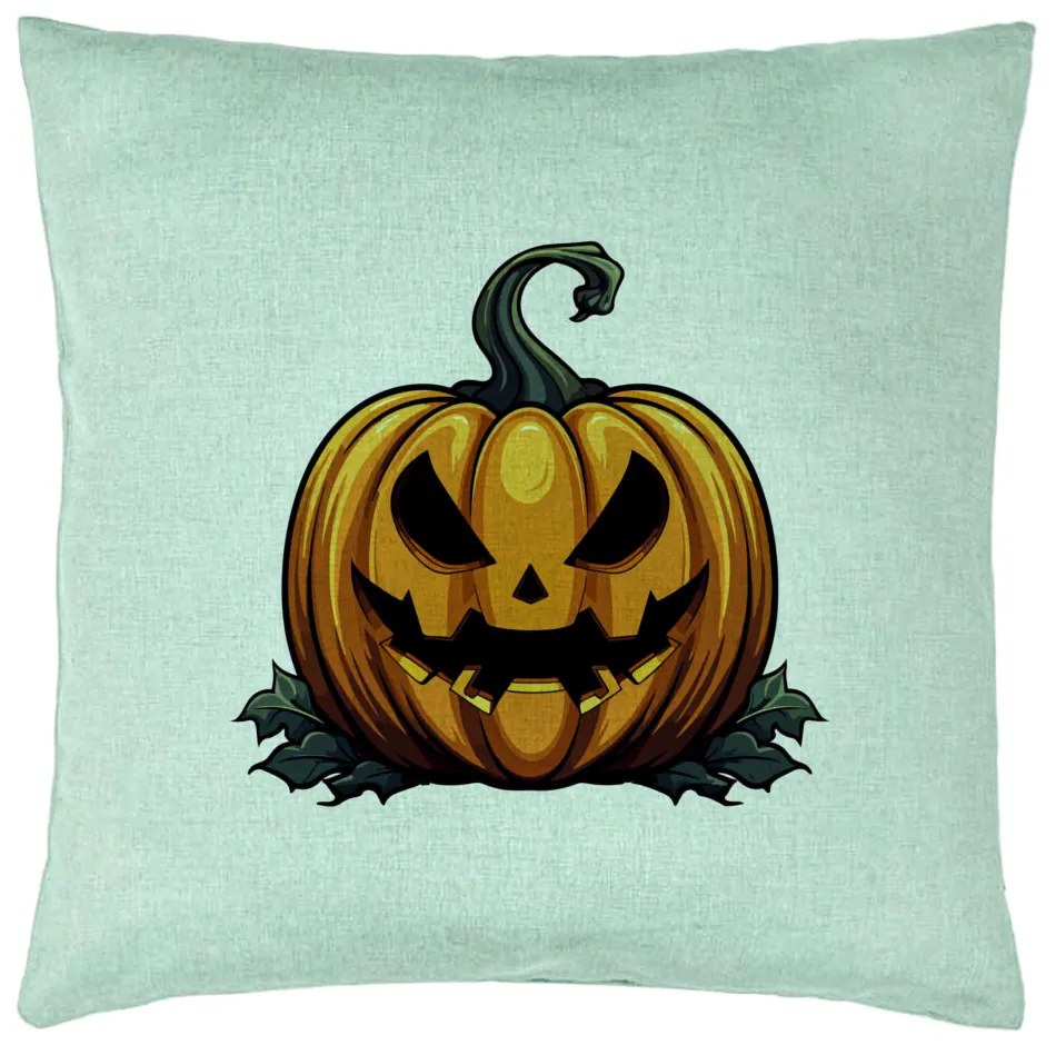 Perna Decorativa cu motiv Dovleac de Halloween 1, 40x40 cm, Verde Menta, Husa Detasabila, Burduf