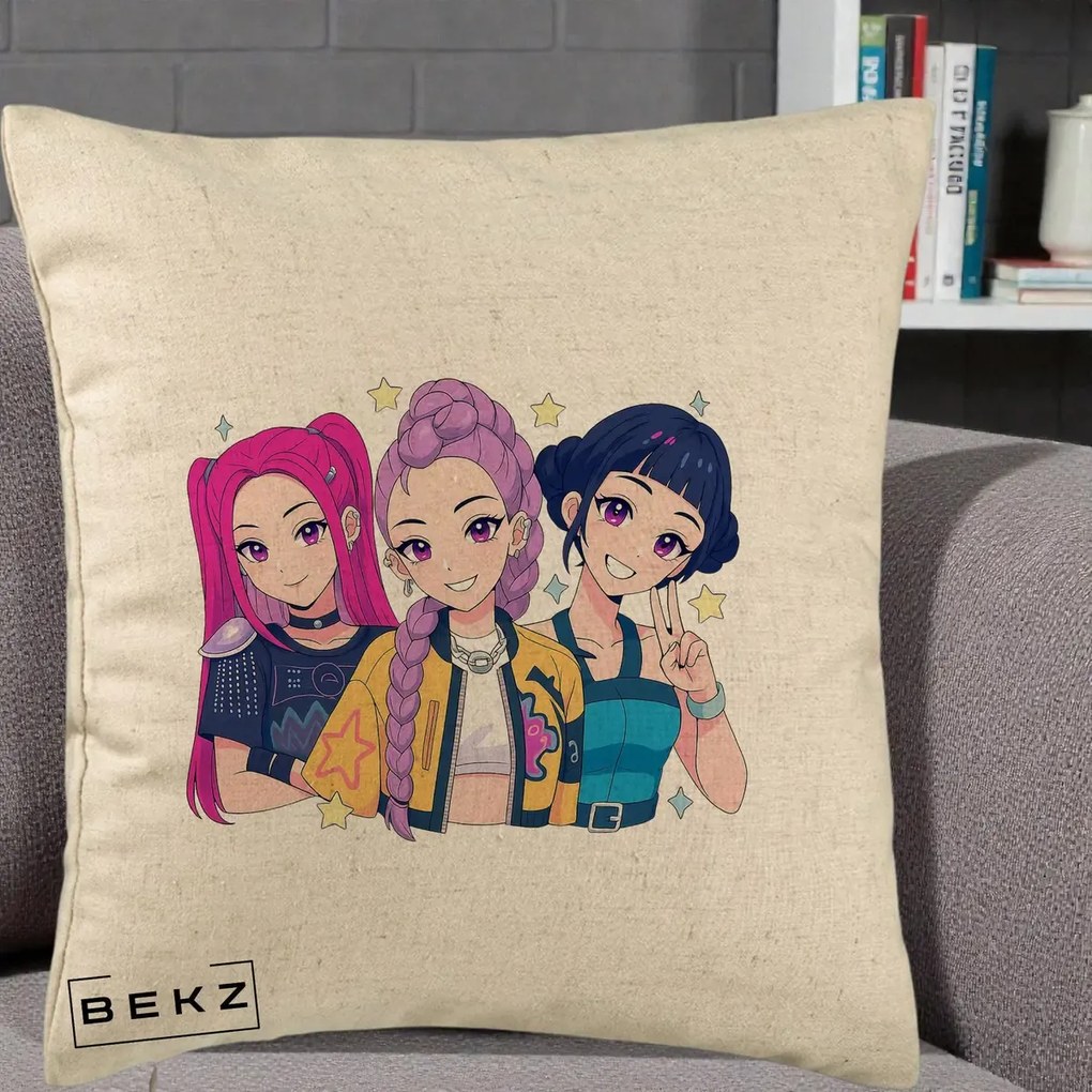 Perna Personalizata K-pop HUNTRX Trio Anime Stele, 40x40 cm, Bej, Husa Detasabila, Perna Inclusa, BEKZ®