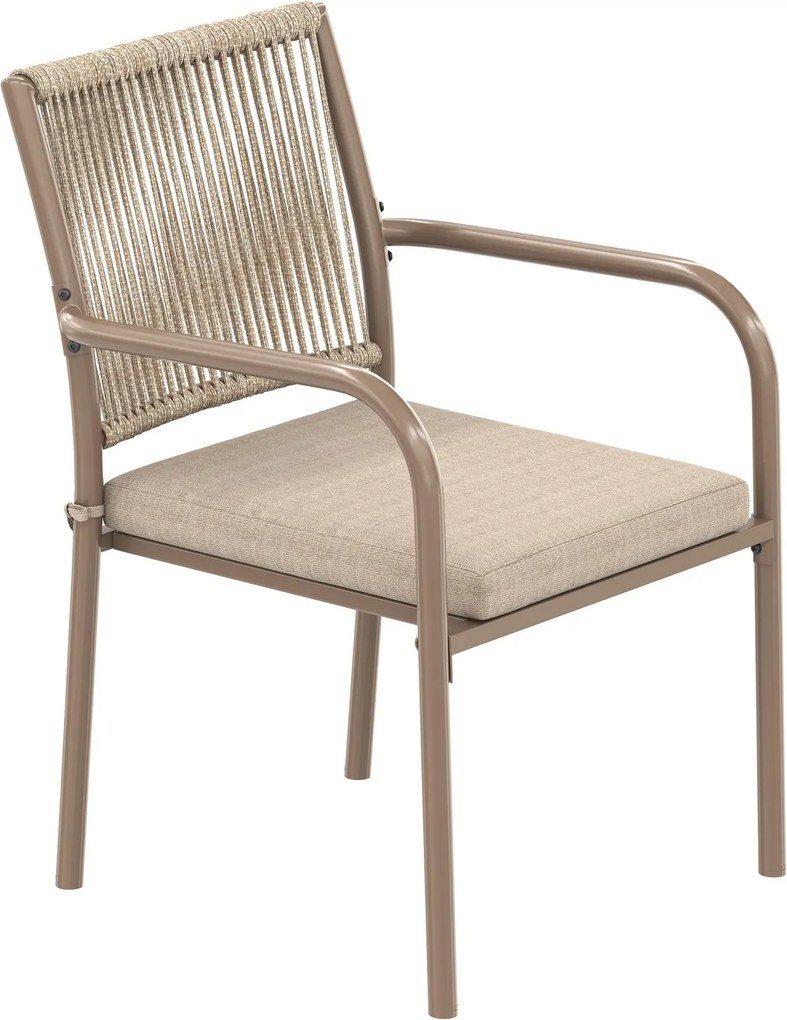 Set mobilier de grădină modern, 5 piese, masă rotundă cu blat din sticlă securizată, 4 scaune cu brațe cu spătar din sfoară, Maro