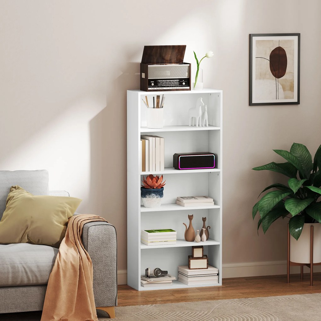 HOMCOM Bibliotecă cu 5 Niveluri și Rafturi Ajustabile, 60x24x133,5 cm, Alb | Aosom Romania