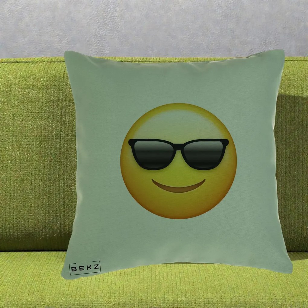 Perna Decorativa Emoji Cool Ochelari, 40x40 cm, Verde, Husa Detasabila, Perna Inclusa, BEKZ®