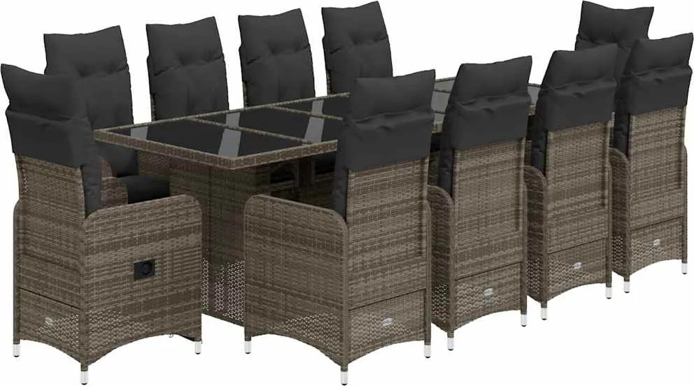 vidaXL Set bistro de grădină cu perne, 11 piese, gri, poliratan
